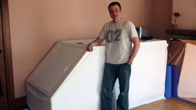 Ernest Semerda next to the classic design of a Isolation Tank